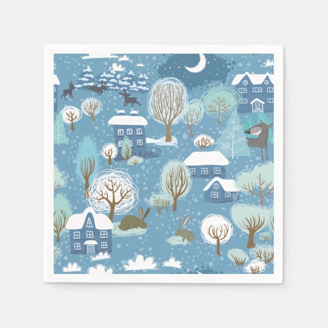 Winter night vintage village animal scene cute napkin (Front)
