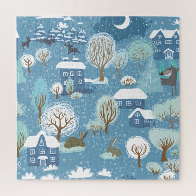 Winter night vintage village scene jigsaw puzzle (Vertical)