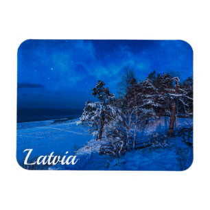 Winter night with snow covered pines in Latvia Magnet