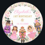 Winter Nutcracker Floral Birthday Party Baby Girl Classic Round Sticker<br><div class="desc">This adorable round sticker features magical characters from one of the most loved Christmas tales of all time, The Nutcracker. Use the text fields to personalise the tags with your own wording and details. Click the "customise further" button if you wish to re-arrange and format the style and placement of...</div>
