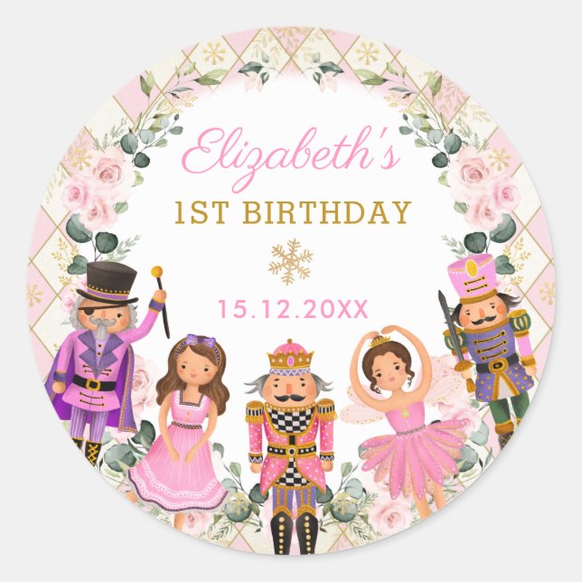 Winter Nutcracker Floral Birthday Party Baby Girl Classic Round Sticker (Front)