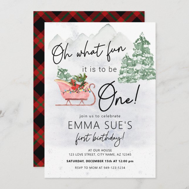 Winter Oh What fun Christmas Sleigh First Birthday Invitation (Front/Back)