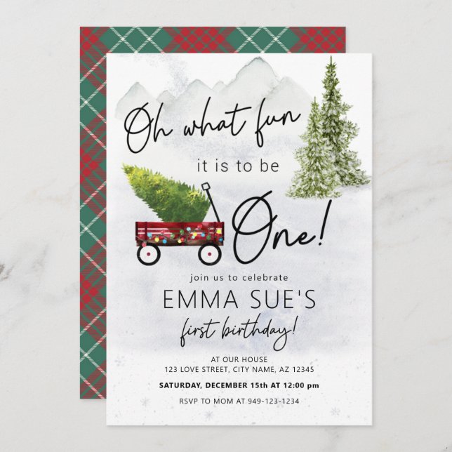 Winter Oh What fun Christmas Tree First Birthday Invitation (Front/Back)