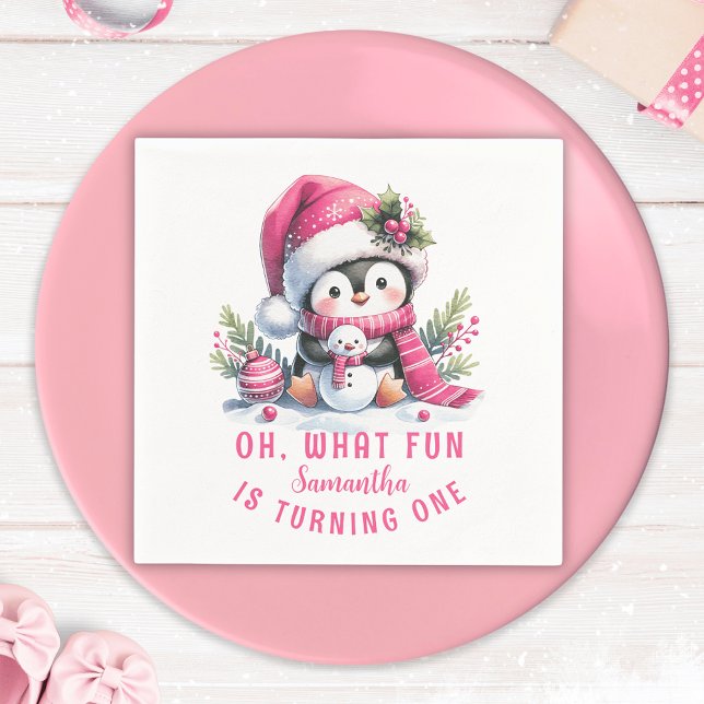 Winter Oh What Fun Penguin Pink Girl 1st Birthday Napkin (Creator Uploaded)