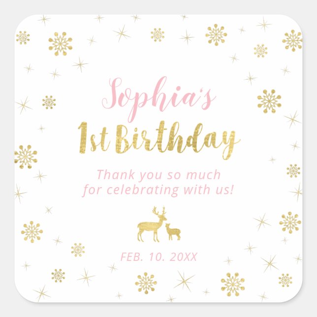 Winter onderland, Custom Gold, Pink 1st Birthday Square Sticker (Front)