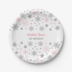 Winter Onderland Pink Silver Snowflake Birthday Paper Plate