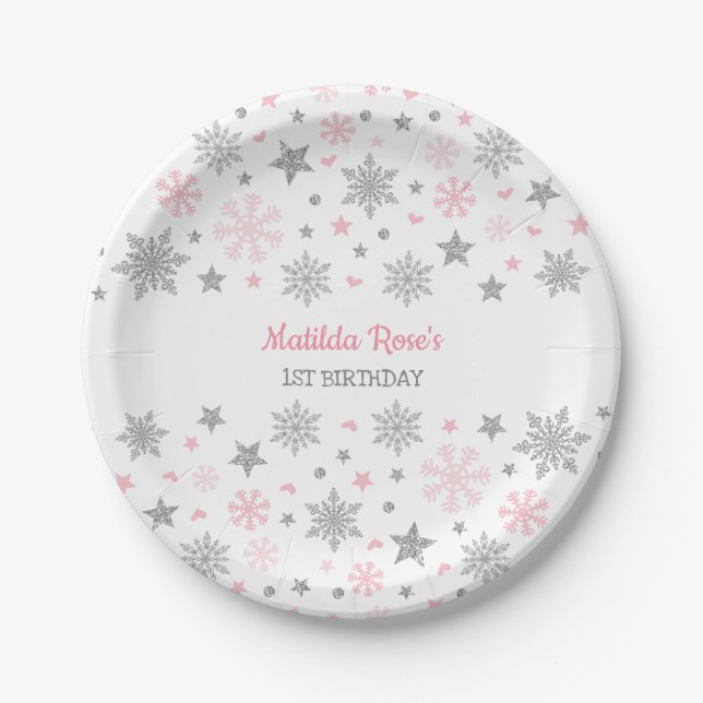 Winter Onderland Pink Silver Snowflake Birthday Paper Plate (Front)