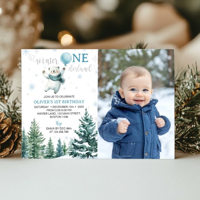 Winter Onderland Polar Bear 1st Birthday Photo Invitation (Creator Uploaded)