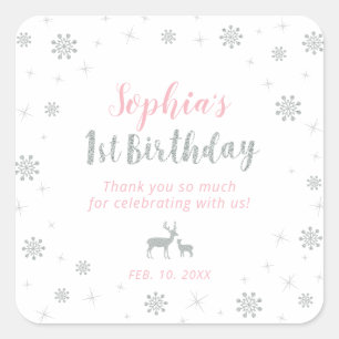 Winter onderland, Silver & Pink 1st Birthday Square Sticker