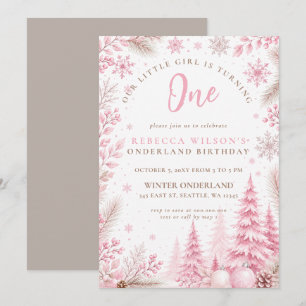Winter Onderland Snowflake Ice Pink First Birthday Invitation