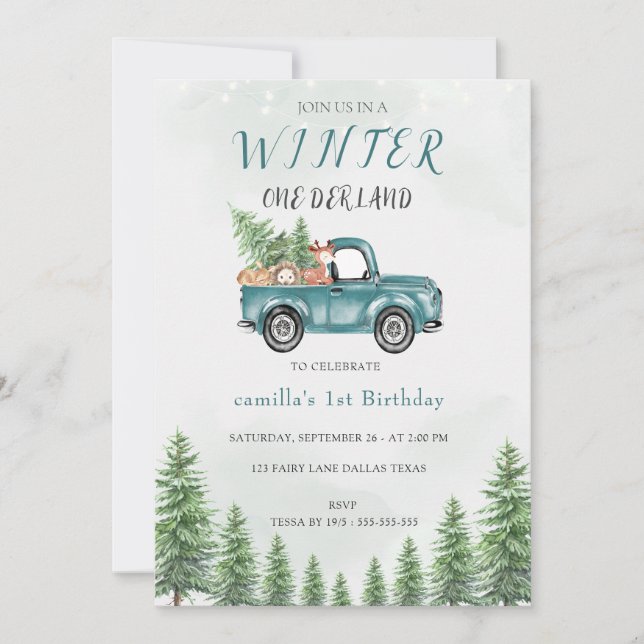  Winter ONE Derland Green Truck Birthday Party  Invitation (Front)