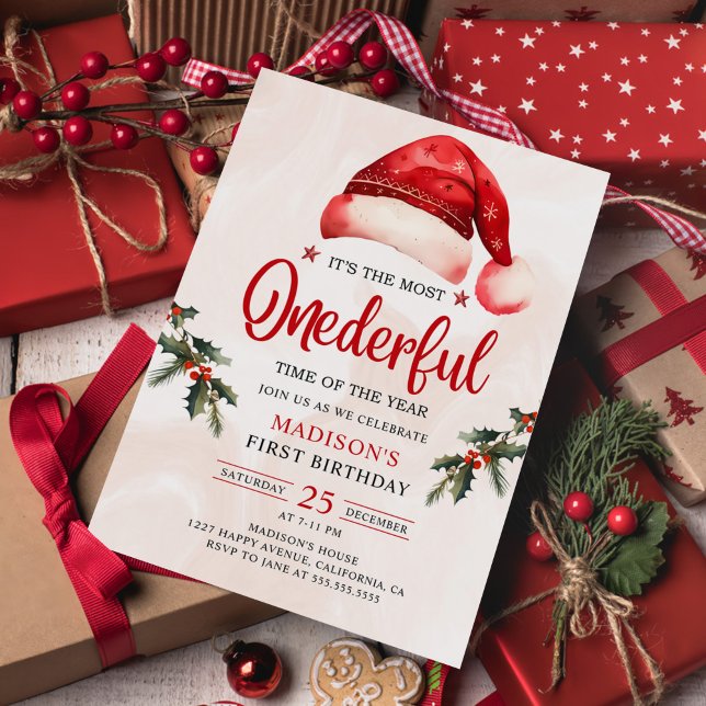 Winter Onederful Christmas Santa Hat Birthday Invitation (Creator Uploaded)