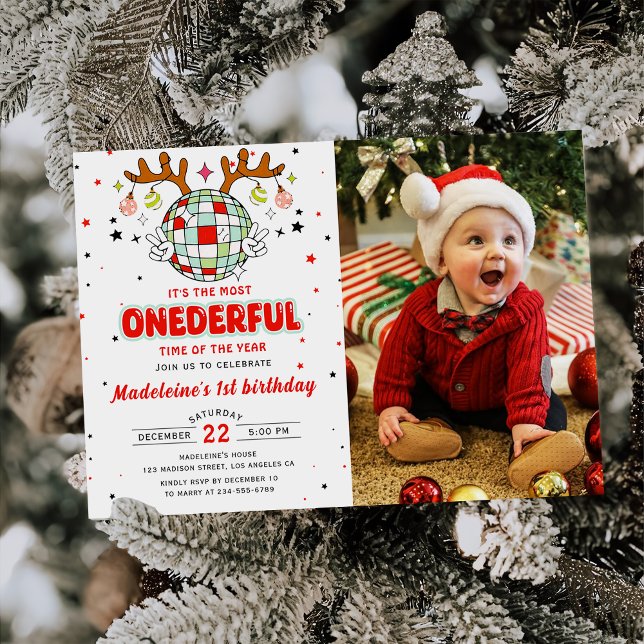 Winter Onederful Retro Christmas Birthday Photo Invitation (Creator Uploaded)