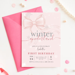 Winter Onederlan Pink Bow Baby First Birthday Invitation