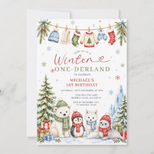 Winter Onederland 1st Birthday Arctic Animal Trees Invitation