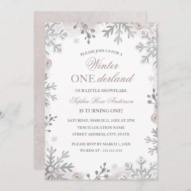 Winter Onederland 1st Birthday Blush Snowflake  In Invitation (Front/Back)