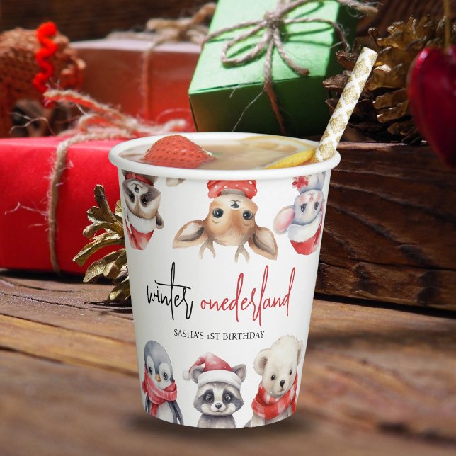 Winter ONEderland 1st birthday Cute Animals Paper Cups (Personalized winter ONEderland paper cups 1st birthday)