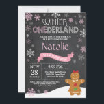Winter Onederland 1st Birthday Invitation<br><div class="desc">Winter Onederland Snowman 1st Birthday Invitation. Gingerbread man. Pink and White Snowflake. First Birthday. Girl 1st Bday Invite. Chalkboard Background. Black and White. For further customisation,  please click the "Customise it" button and use our design tool to modify this template.</div>