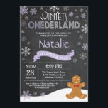 Winter Onederland 1st Birthday Invitation<br><div class="desc">Winter Onederland Snowman 1st Birthday Invitation. Gingerbread man. Purple Lilac Lavender and White Snowflake. First Birthday. Girl 1st Bday Invite. Chalkboard Background. Black and White. For further customisation,  please click the "Customise it" button and use our design tool to modify this template.</div>