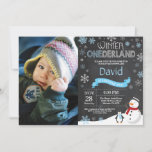 Winter Onederland 1st Birthday Invitation<br><div class="desc">Winter Onederland 1st Birthday Invitation with custom photo. Snowman and Penguin. Blue and White Snowflake. First Birthday. Boy 1st Bday Invite. Chalkboard Background. Black and White. For further customisation,  please click the "Customise it" button and use our design tool to modify this template.</div>