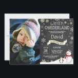 Winter Onederland 1st Birthday Invitation<br><div class="desc">Winter Onederland 1st Birthday Invitation with custom photo. Snowman and Penguin. Yellow and White Snowflake. First Birthday. Boy or Girl 1st Bday Invite. Chalkboard Background. Black and White. For further customisation,  please click the "Customise it" button and use our design tool to modify this template.</div>