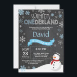 Winter Onederland 1st Birthday Invitation<br><div class="desc">Winter Onederland 1st Birthday Invitation. Snowman. Blue and White Snowflake. First Birthday. Boy 1st Bday Invite. Chalkboard Background. Black and White. For further customisation,  please click the "Customise it" button and use our design tool to modify this template.</div>