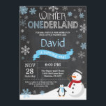 Winter Onederland 1st Birthday Invitation<br><div class="desc">Winter Onederland 1st Birthday Invitation. Snowman and Penguin. Blue and White Snowflake. First Birthday. Boy 1st Bday Invite. Chalkboard Background. Black and White. For further customisation,  please click the "Customise it" button and use our design tool to modify this template.</div>