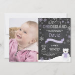 Winter Onederland 1st Birthday Invitation<br><div class="desc">Winter Onederland Polar Bear 1st Birthday Invitation with custom photo. Deer. Purple Lilac Lavender and White Snowflake. First Birthday. Boy or Girl 1st Bday Invite. Chalkboard Background. Black and White. For further customisation,  please click the "Customise it" button and use our design tool to modify this template.</div>