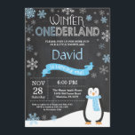 Winter Onederland 1st Birthday Invitation<br><div class="desc">Winter Onederland 1st Birthday Invitation. Penguin. Blue and White Snowflake. First Birthday. Boy 1st Bday Invite. Chalkboard Background. Black and White. For further customisation,  please click the "Customise it" button and use our design tool to modify this template.</div>