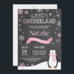 Winter Onederland 1st Birthday Invitation<br><div class="desc">Winter Onederland 1st Birthday Invitation. Penguin. Pink and White Snowflake. First Birthday. Girl 1st Bday Invite. Chalkboard Background. Black and White. For further customisation,  please click the "Customise it" button and use our design tool to modify this template.</div>