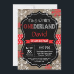 Winter Onederland 1st Birthday Invitation<br><div class="desc">Winter Onederland Boy 1st Birthday Invitation. Red and White Snowflake. First Birthday. Boy or Girl 1st Bday Invite. Rustic Wood Chalkboard Background. Black and White. Red Ribbon. For further customisation,  please click the "Customise it" button and use our design tool to modify this template.</div>