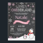 Winter Onederland 1st Birthday Invitation<br><div class="desc">Winter Onederland 1st Birthday Invitation. Snowman and Penguin. Pink and White Snowflake. First Birthday. Girl 1st Bday Invite. Chalkboard Background. Black and White. For further customisation,  please click the "Customise it" button and use our design tool to modify this template.</div>