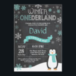 Winter Onederland 1st Birthday Invitation<br><div class="desc">Winter Onederland 1st Birthday Invitation. Penguin. Aqua Teal Turquoise and White Snowflake. First Birthday. Boy or Girl 1st Bday Invite. Chalkboard Background. Black and White. For further customisation,  please click the "Customise it" button and use our design tool to modify this template.</div>
