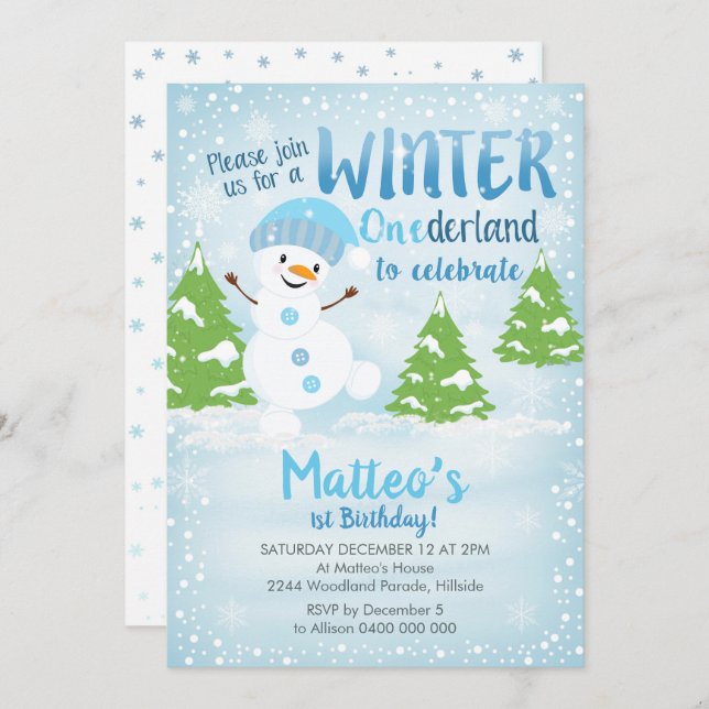 Winter Onederland 1st Birthday Invitation Snowman (Front/Back)