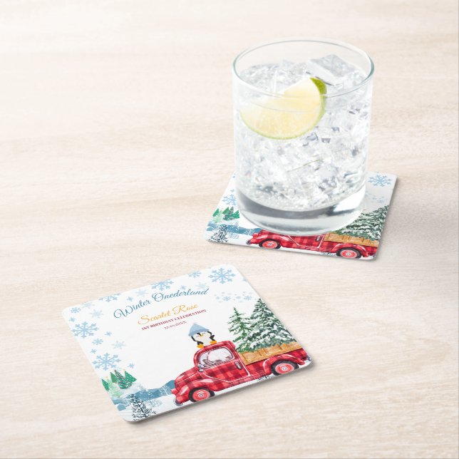 winter onederland 1st birthday invitations square paper coaster (Insitu)