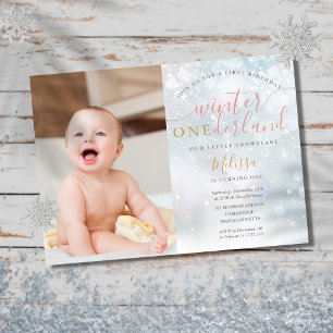 Winter ONEderland 1st Birthday Photo Pink and Gold Invitation