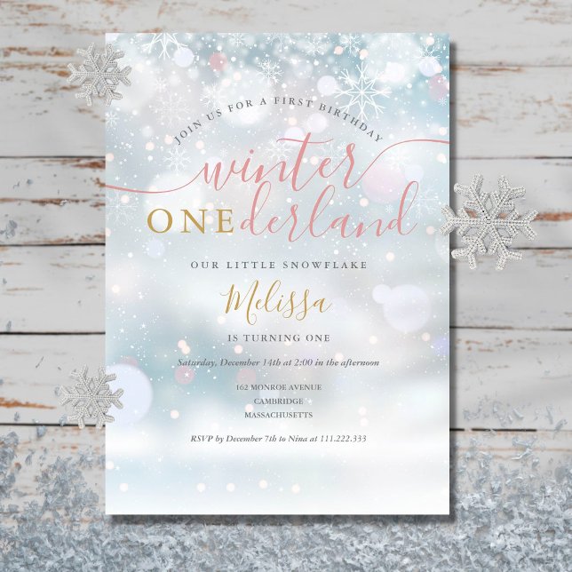 Winter Onederland 1st Birthday Pink And Gold Invitation (Creator Uploaded)