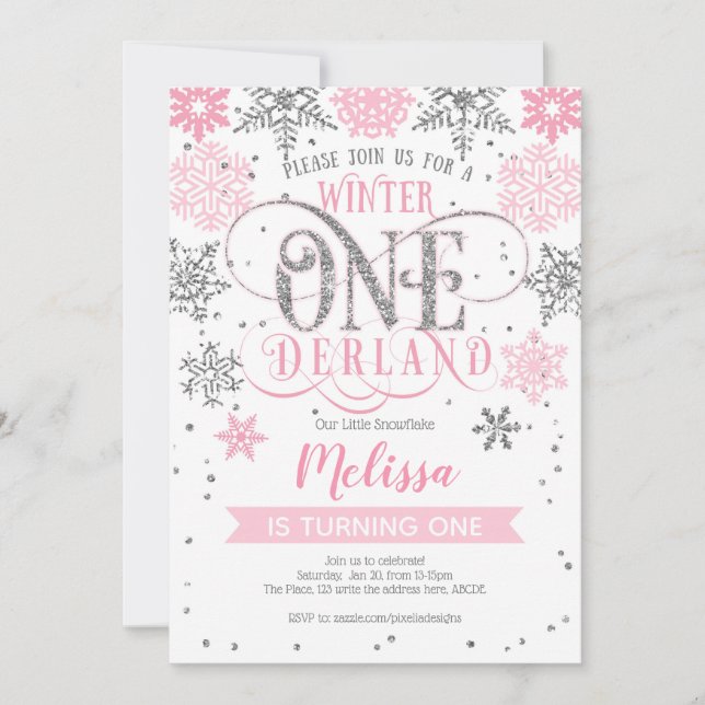 Winter Onederland 1st birthday, Pink silver Invitation (Front)
