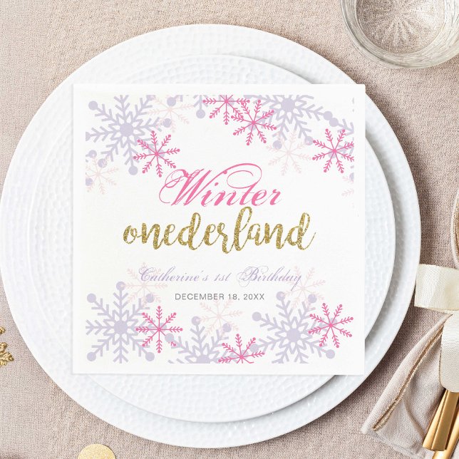 Winter Onederland 1st Birthday Purple Pink Snow Napkin (Creator Uploaded)