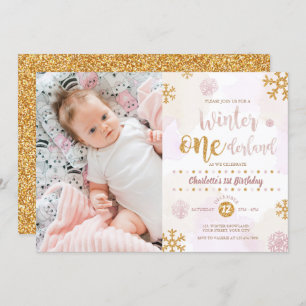 Winter Onederland 1st Birthday Rose Gold and Gold Invitation