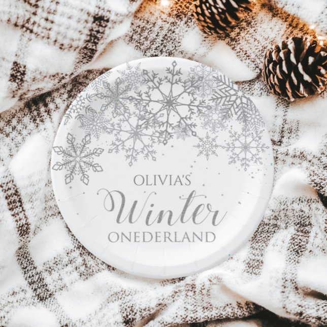 Winter Onederland 1st Birthday Silver snowflakes Paper Plate (Creator Uploaded)