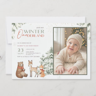 Winter Onederland Animal Kid Photo 1st Birthday Invitation