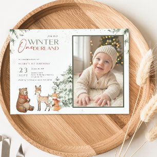 Winter Onederland Animal Kid Photo 1st Birthday Invitation