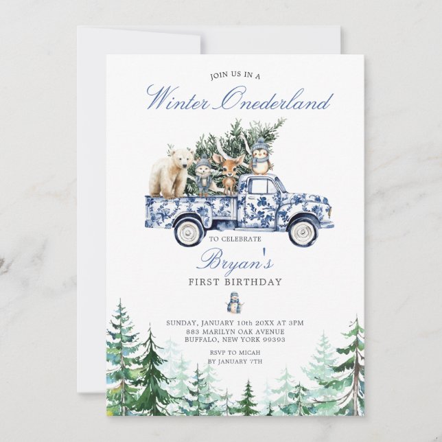 Winter Onederland Animals Chinoiserie 1st Birthday Invitation (Front)