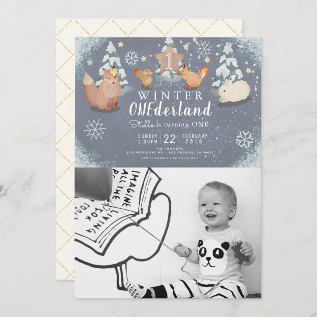 Winter Onederland Animals Photo 1st Birthday Invitation (Front/Back)