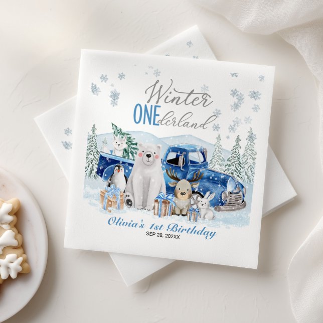 Winter Onederland Arctic Animal Boy 1st Birthday Napkin (Creator Uploaded)