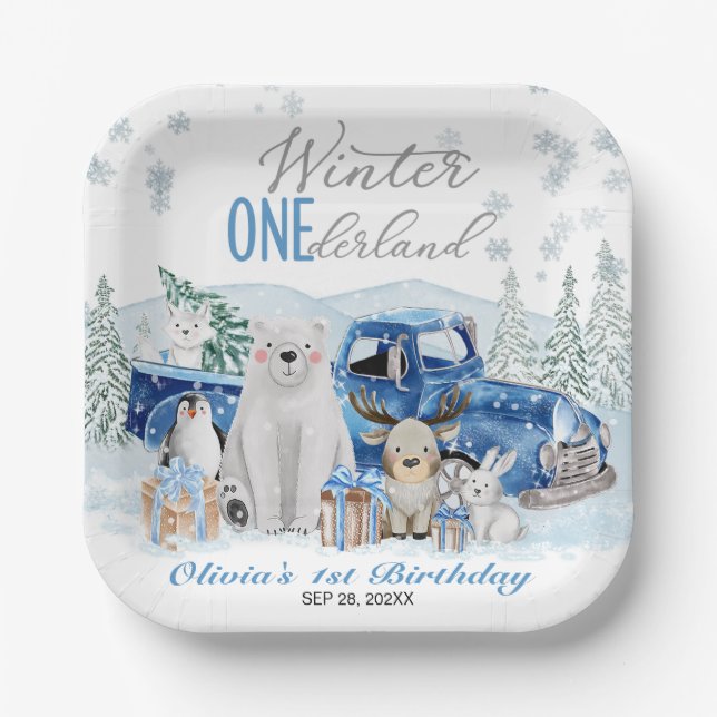 Winter Onederland Arctic Animal Boy 1st Birthday Paper Plate (Front)