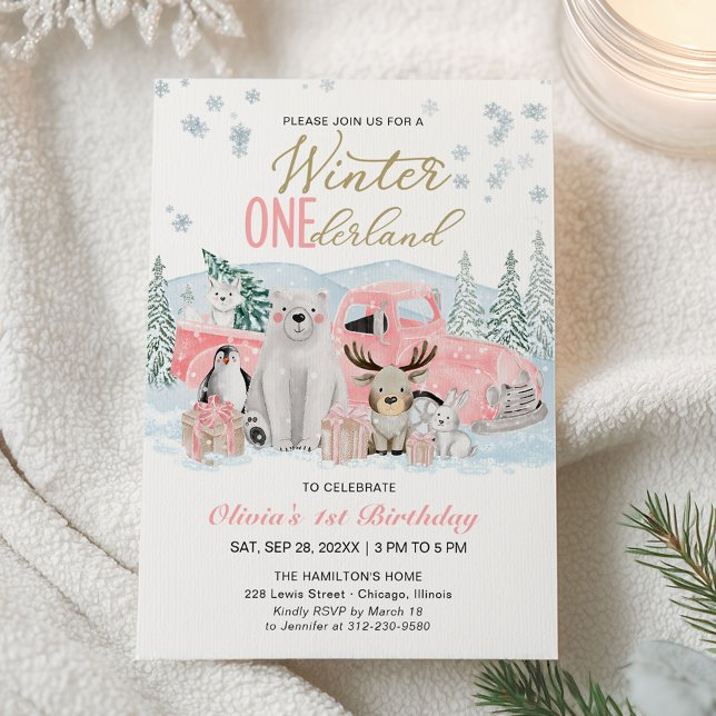 Winter Onederland Arctic Animal Girl 1st Birthday Invitation (Creator Uploaded)