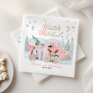 Winter Onederland Arctic Animal Girl 1st Birthday Napkin