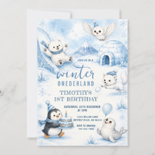 Winter Onederland Arctic Animals Birthday Invitation